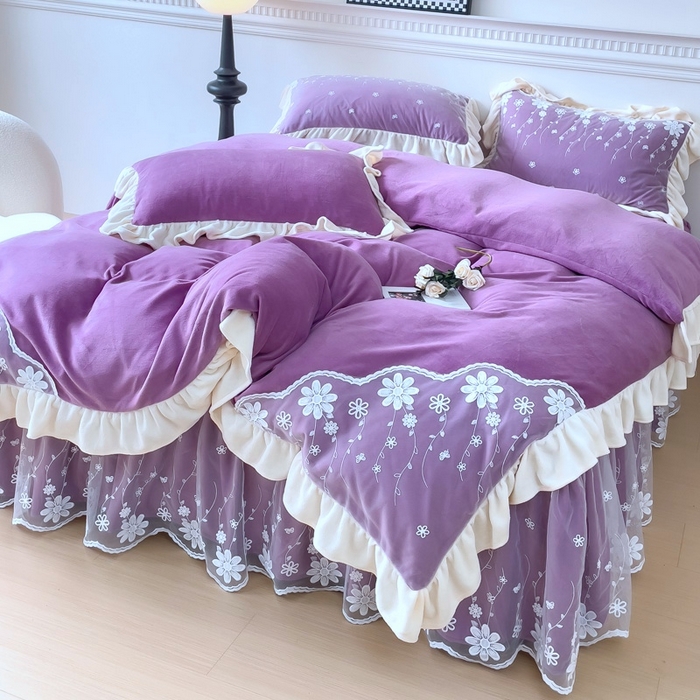 睡美人 2025新款牛奶绒蕾丝款床裙四件套花仙子系列 花仙子-薰衣紫