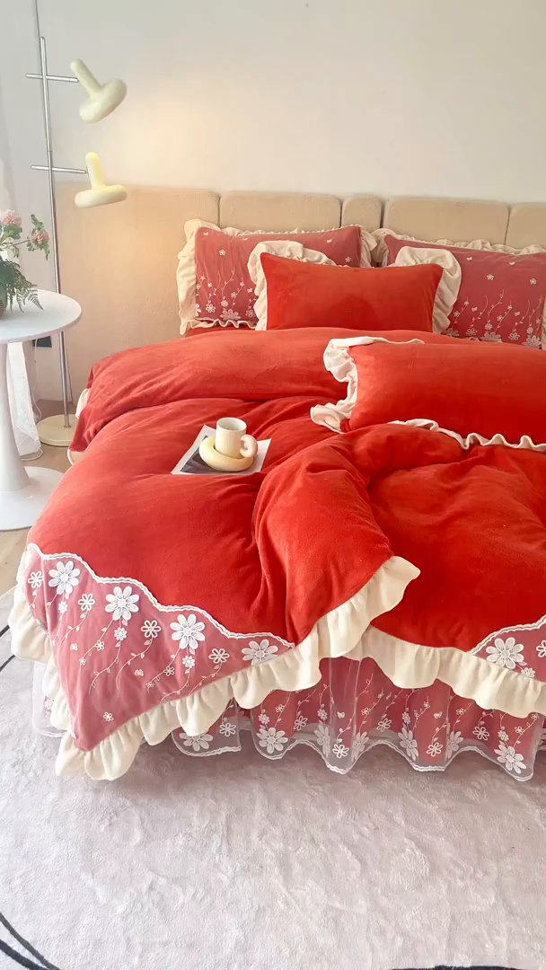 91家纺网 家纺一手货源 找家纺 （总）睡美人 2025新款牛奶绒蕾丝款床裙四件套花仙子系列