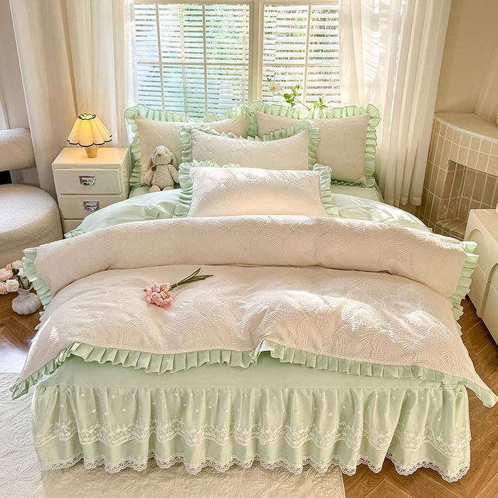 （总）唐人居 2025新款泡泡纱提花花边床裙四件套-银杏叶