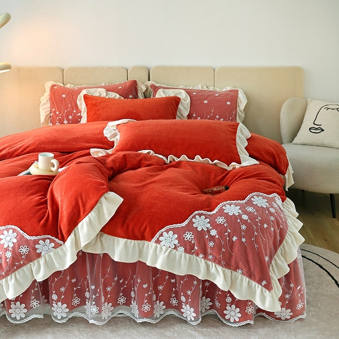 91家纺网 家纺一手货源 找家纺 睡美人 2025新款牛奶绒蕾丝款床裙四件套花仙子系列 花仙子-爱玛橙