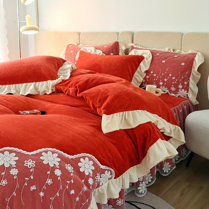 91家纺网 家纺一手货源 找家纺 睡美人 2025新款牛奶绒蕾丝款床裙四件套花仙子系列 花仙子-爱玛橙