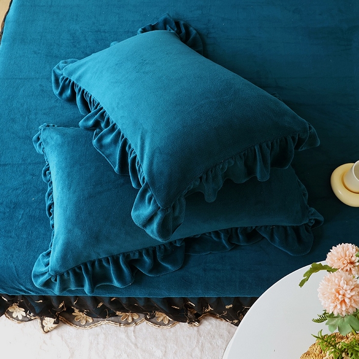 91家纺网 家纺一手货源 找家纺 睡美人 2025新款牛奶绒蕾丝款床裙四件套花仙子系列 花仙子-孔雀绿