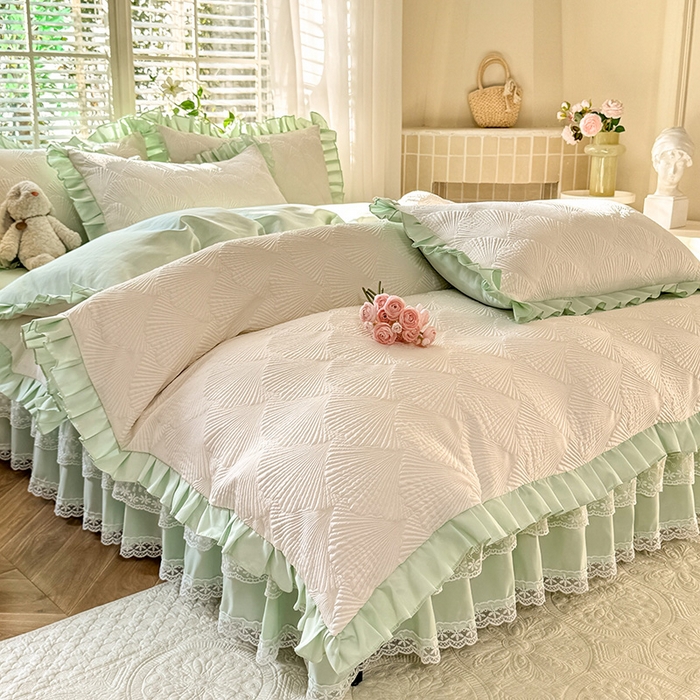 91家纺网 家纺一手货源 找家纺 （总）唐人居 2025新款泡泡纱提花花边床裙四件套-银杏叶