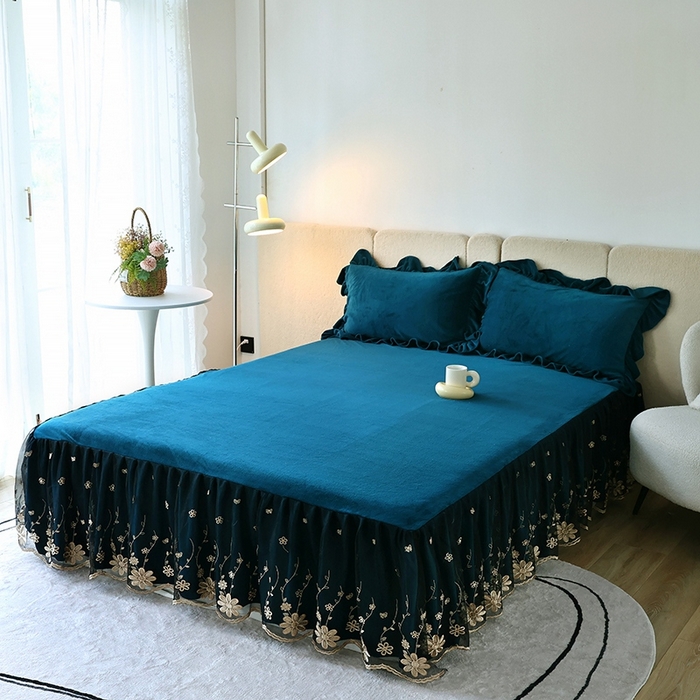 91家纺网 家纺一手货源 找家纺 睡美人 2025新款牛奶绒蕾丝款床裙四件套花仙子系列 花仙子-孔雀绿