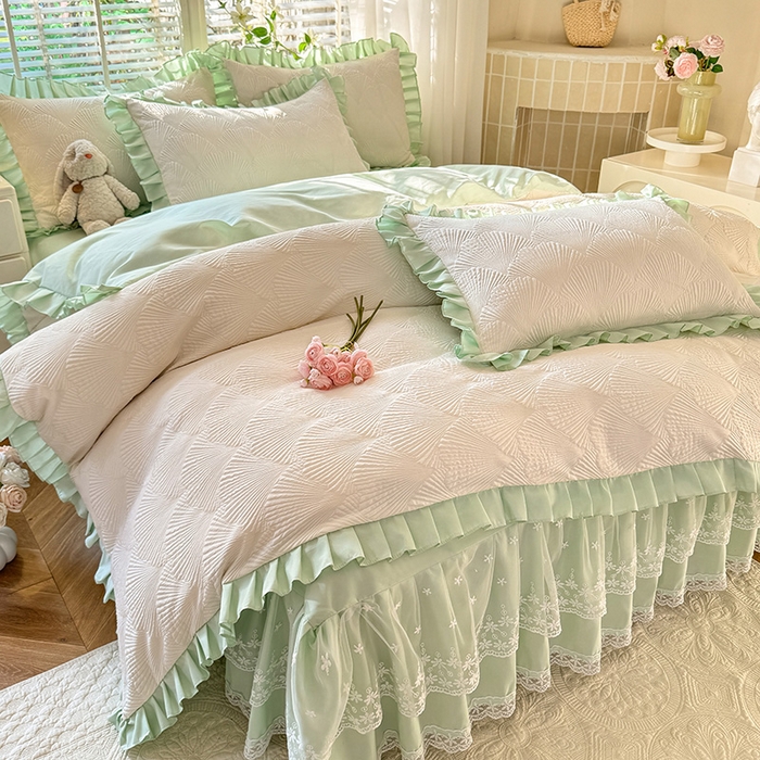 91家纺网 家纺一手货源 找家纺 （总）唐人居 2025新款泡泡纱提花花边床裙四件套-银杏叶