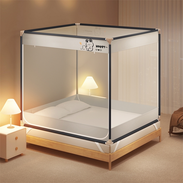 91家纺网 家纺一手货源 找家纺 佳梦家纺 2025新款小卡通坐床蚊帐 happy兔-灰