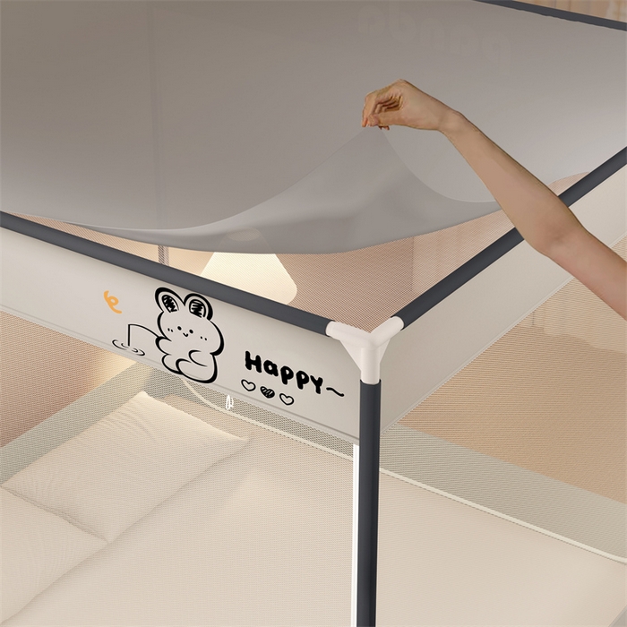 91家纺网 家纺一手货源 找家纺 佳梦家纺 2025新款小卡通坐床蚊帐 happy兔-灰