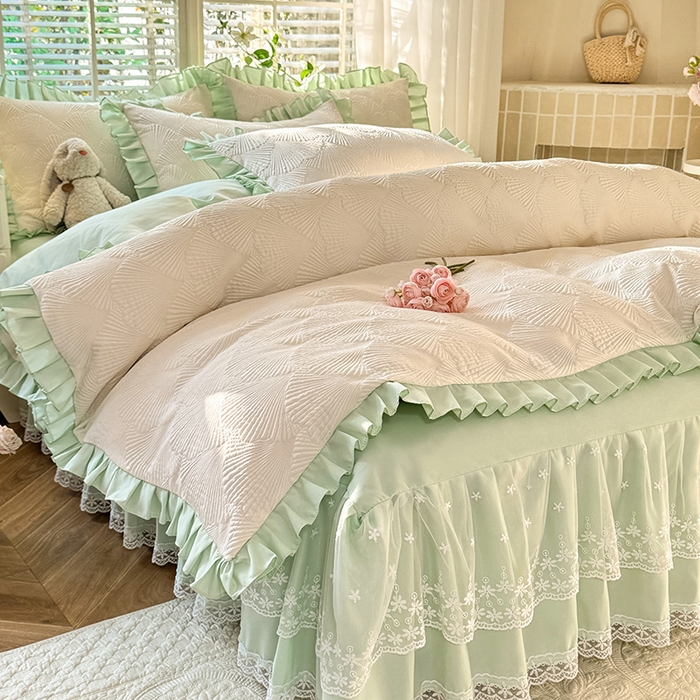 91家纺网 家纺一手货源 找家纺 （总）唐人居 2025新款泡泡纱提花花边床裙四件套-银杏叶