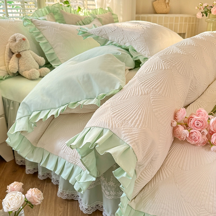 91家纺网 家纺一手货源 找家纺 （总）唐人居 2025新款泡泡纱提花花边床裙四件套-银杏叶