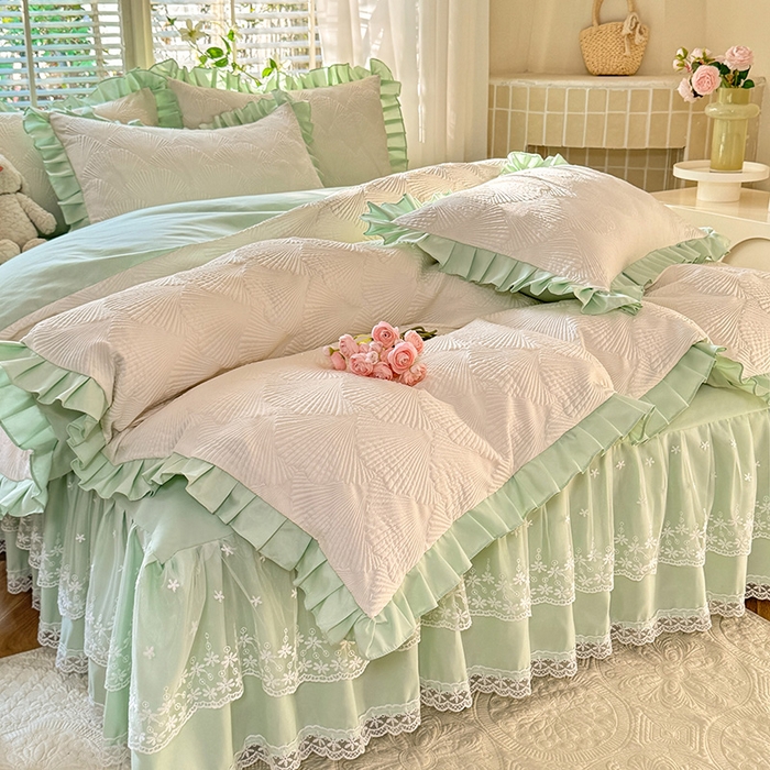 91家纺网 家纺一手货源 找家纺 （总）唐人居 2025新款泡泡纱提花花边床裙四件套-银杏叶