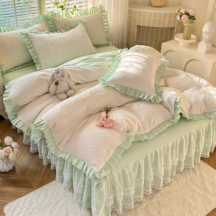 91家纺网 家纺一手货源 找家纺 （总）唐人居 2025新款泡泡纱提花花边床裙四件套-银杏叶