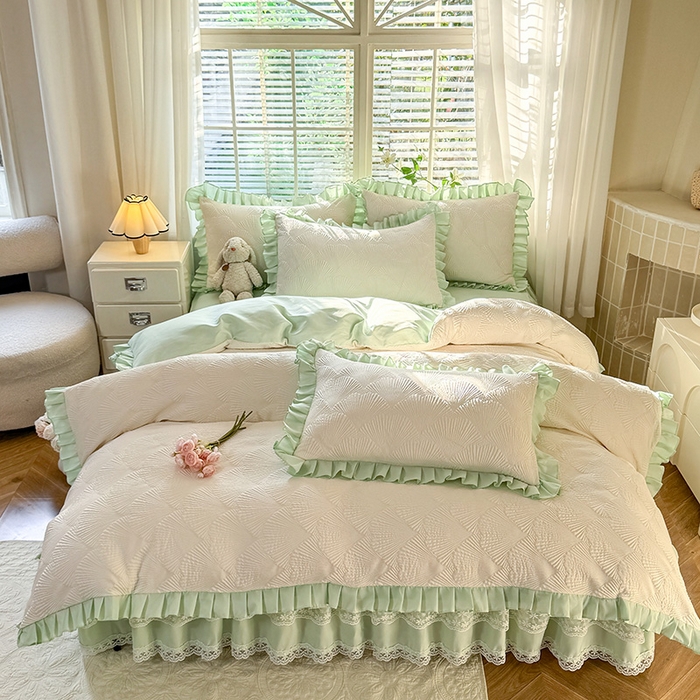 91家纺网 家纺一手货源 找家纺 唐人居 2025新款泡泡纱提花花边床裙四件套-银杏叶 银杏叶-奶白绿