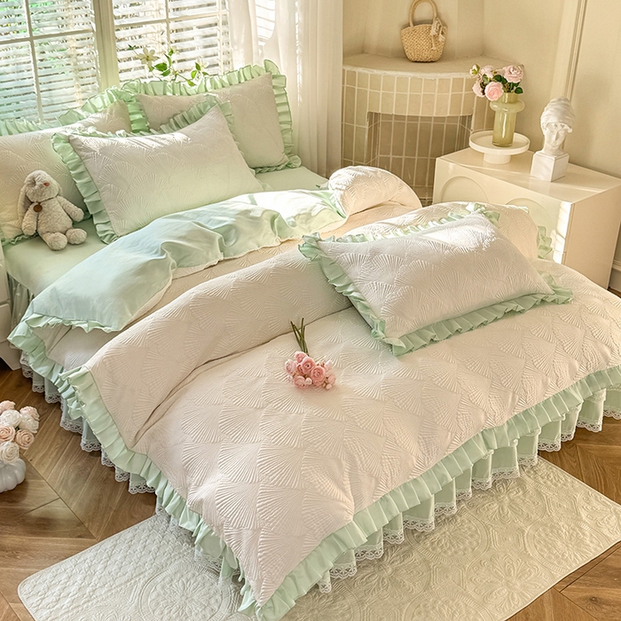 91家纺网 家纺一手货源 找家纺 唐人居 2025新款泡泡纱提花花边床裙四件套-银杏叶 银杏叶-奶白绿