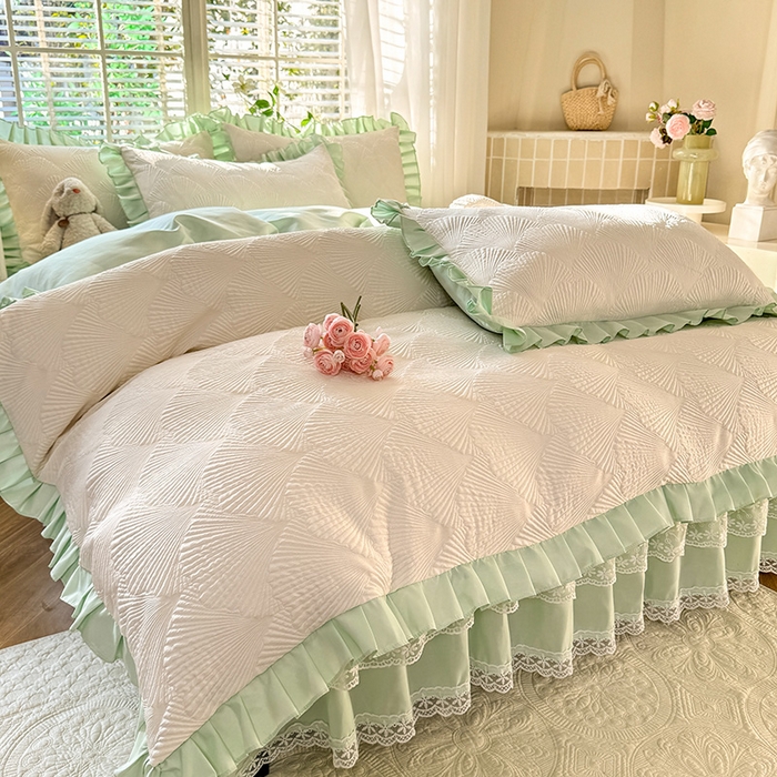 91家纺网 家纺一手货源 找家纺 唐人居 2025新款泡泡纱提花花边床裙四件套-银杏叶 银杏叶-奶白绿