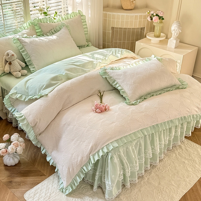 91家纺网 家纺一手货源 找家纺 唐人居 2025新款泡泡纱提花花边床裙四件套-银杏叶 银杏叶-奶白绿