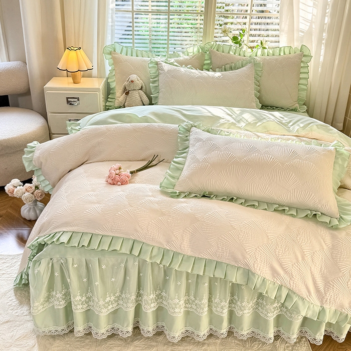 91家纺网 家纺一手货源 找家纺 唐人居 2025新款泡泡纱提花花边床裙四件套-银杏叶 银杏叶-奶白绿