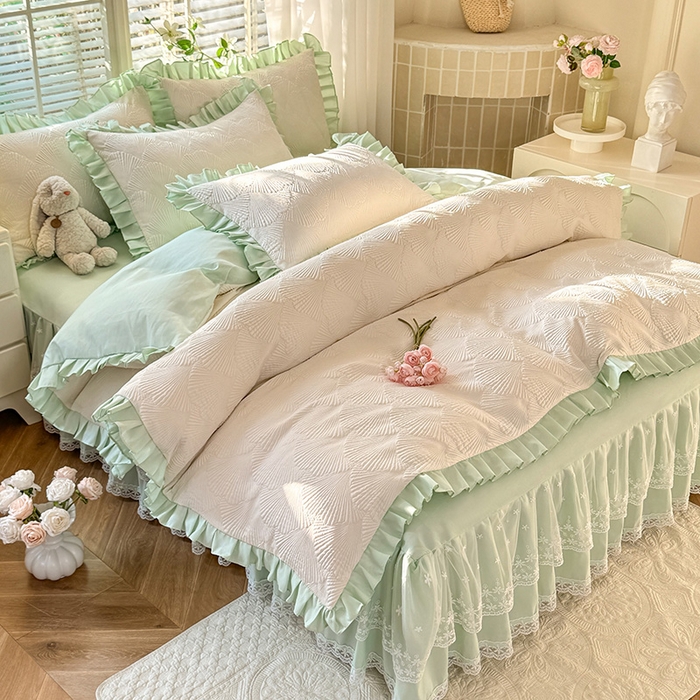 91家纺网 家纺一手货源 找家纺 唐人居 2025新款泡泡纱提花花边床裙四件套-银杏叶 银杏叶-奶白绿