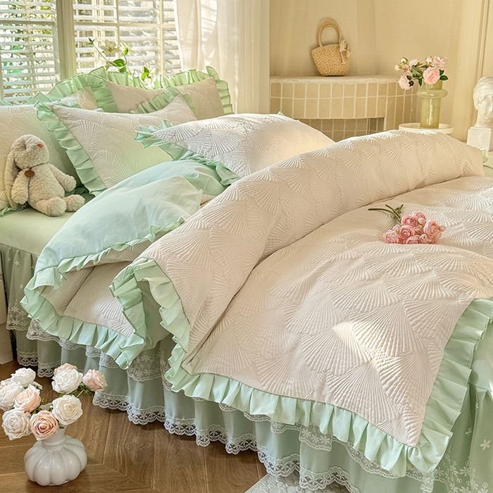 91家纺网 家纺一手货源 找家纺 唐人居 2025新款泡泡纱提花花边床裙四件套-银杏叶 银杏叶-奶白绿