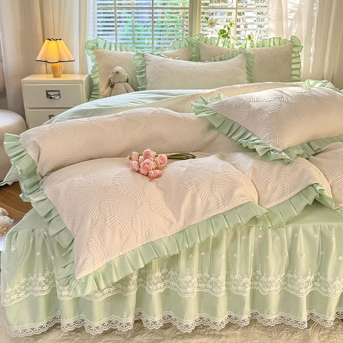 91家纺网 家纺一手货源 找家纺 唐人居 2025新款泡泡纱提花花边床裙四件套-银杏叶 银杏叶-奶白绿