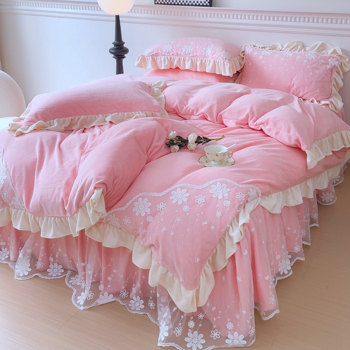 睡美人 2025新款牛奶绒蕾丝款床裙四件套花仙子系列 花仙子-公主粉