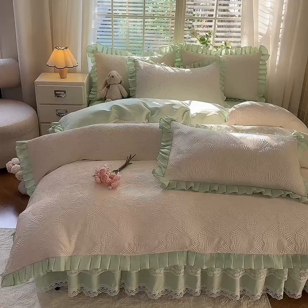 91家纺网 家纺一手货源 找家纺 唐人居 2025新款泡泡纱提花花边床裙四件套-银杏叶 银杏叶-奶白绿