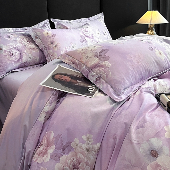 91家纺网 家纺一手货源 找家纺 格里芬 2025全棉加厚磨毛纯棉生态磨毛印花四件套 丽芙-紫