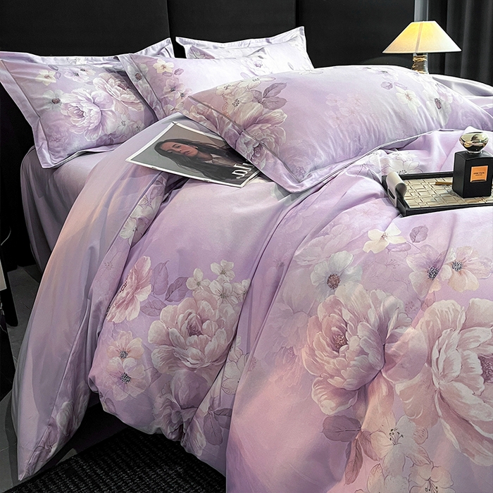 91家纺网 家纺一手货源 找家纺 格里芬 2025全棉加厚磨毛纯棉生态磨毛印花四件套 丽芙-紫