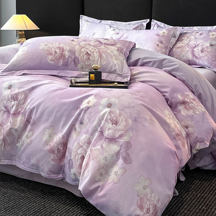 91家纺网 家纺一手货源 找家纺 格里芬 2025全棉加厚磨毛纯棉生态磨毛印花四件套 丽芙-紫