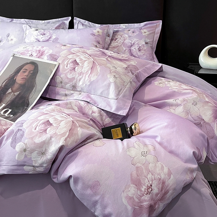 91家纺网 家纺一手货源 找家纺 格里芬 2025全棉加厚磨毛纯棉生态磨毛印花四件套 丽芙-紫