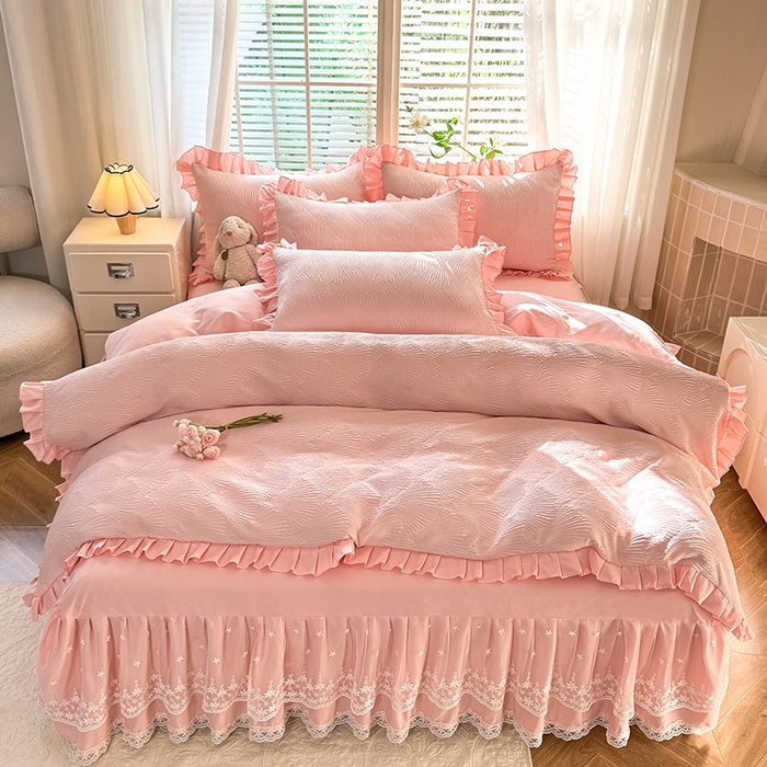 唐人居 2025新款泡泡纱提花花边床裙四件套-银杏叶 银杏叶-奶油粉