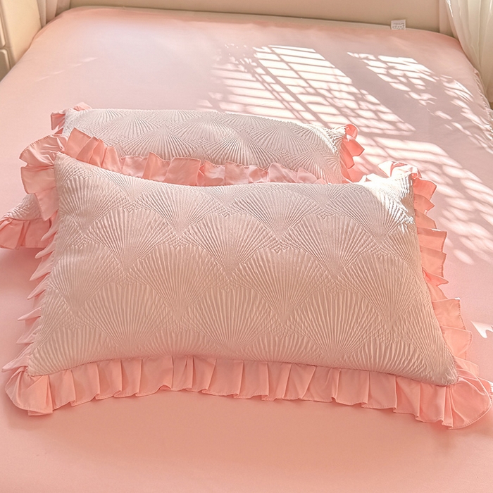 91家纺网 家纺一手货源 找家纺 唐人居 2025新款泡泡纱提花花边床裙四件套-银杏叶 银杏叶-奶油粉