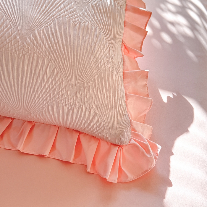 91家纺网 家纺一手货源 找家纺 唐人居 2025新款泡泡纱提花花边床裙四件套-银杏叶 银杏叶-奶油粉