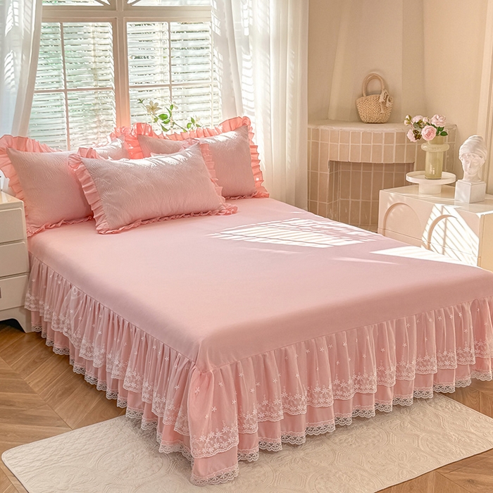 91家纺网 家纺一手货源 找家纺 唐人居 2025新款泡泡纱提花花边床裙四件套-银杏叶 银杏叶-奶油粉