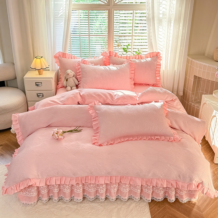 91家纺网 家纺一手货源 找家纺 唐人居 2025新款泡泡纱提花花边床裙四件套-银杏叶 银杏叶-奶油粉