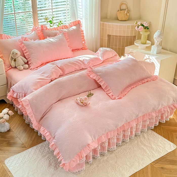 91家纺网 家纺一手货源 找家纺 唐人居 2025新款泡泡纱提花花边床裙四件套-银杏叶 银杏叶-奶油粉