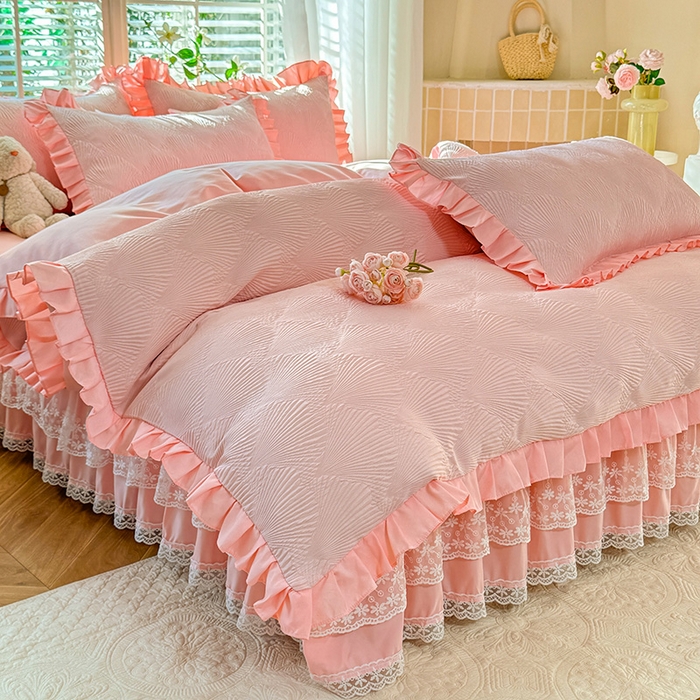 91家纺网 家纺一手货源 找家纺 唐人居 2025新款泡泡纱提花花边床裙四件套-银杏叶 银杏叶-奶油粉