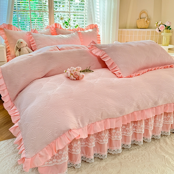 91家纺网 家纺一手货源 找家纺 唐人居 2025新款泡泡纱提花花边床裙四件套-银杏叶 银杏叶-奶油粉