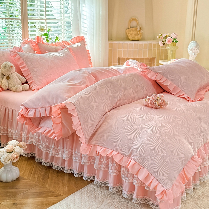 91家纺网 家纺一手货源 找家纺 唐人居 2025新款泡泡纱提花花边床裙四件套-银杏叶 银杏叶-奶油粉