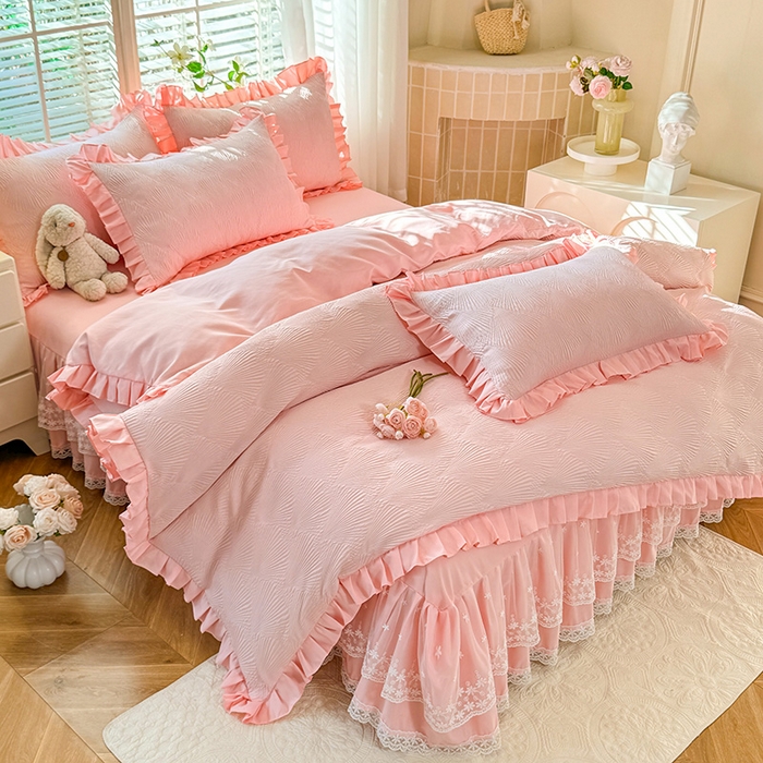 91家纺网 家纺一手货源 找家纺 唐人居 2025新款泡泡纱提花花边床裙四件套-银杏叶 银杏叶-奶油粉