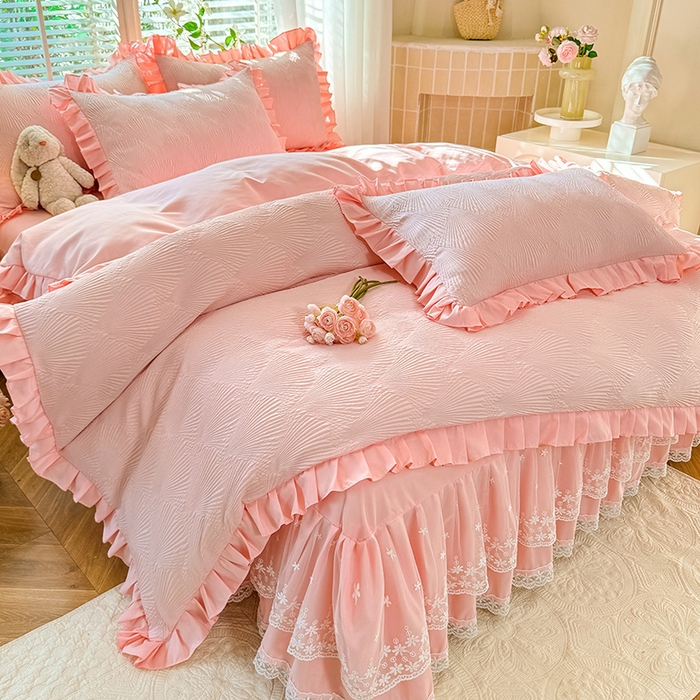 91家纺网 家纺一手货源 找家纺 唐人居 2025新款泡泡纱提花花边床裙四件套-银杏叶 银杏叶-奶油粉