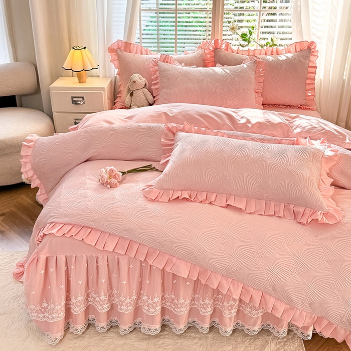 91家纺网 家纺一手货源 找家纺 唐人居 2025新款泡泡纱提花花边床裙四件套-银杏叶 银杏叶-奶油粉