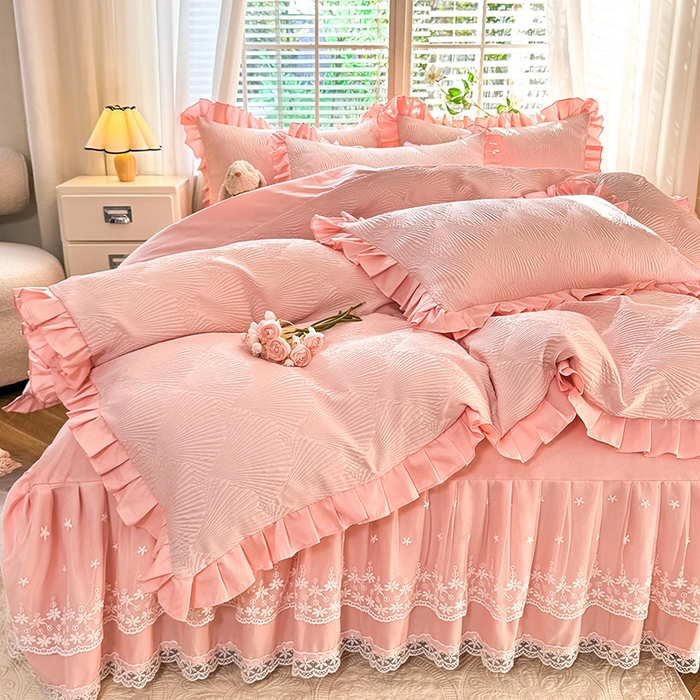 91家纺网 家纺一手货源 找家纺 唐人居 2025新款泡泡纱提花花边床裙四件套-银杏叶 银杏叶-奶油粉