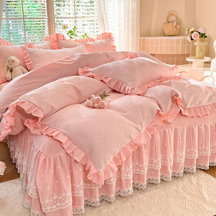 91家纺网 家纺一手货源 找家纺 唐人居 2025新款泡泡纱提花花边床裙四件套-银杏叶 银杏叶-奶油粉