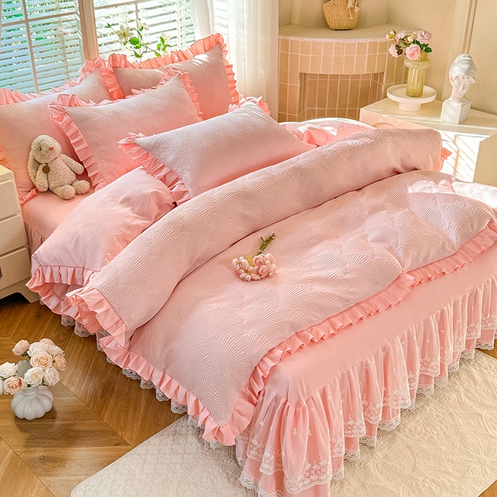 91家纺网 家纺一手货源 找家纺 唐人居 2025新款泡泡纱提花花边床裙四件套-银杏叶 银杏叶-奶油粉