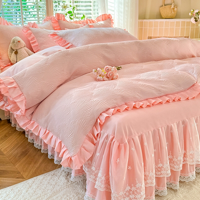 91家纺网 家纺一手货源 找家纺 唐人居 2025新款泡泡纱提花花边床裙四件套-银杏叶 银杏叶-奶油粉