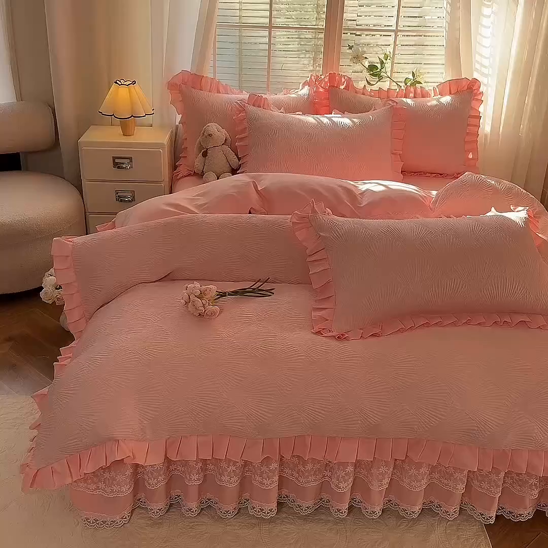 91家纺网 家纺一手货源 找家纺 唐人居 2025新款泡泡纱提花花边床裙四件套-银杏叶 银杏叶-奶油粉