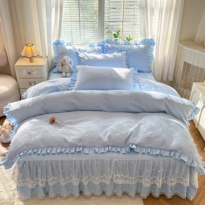 唐人居 2025新款泡泡纱提花花边床裙四件套-银杏叶 银杏叶-天蓝