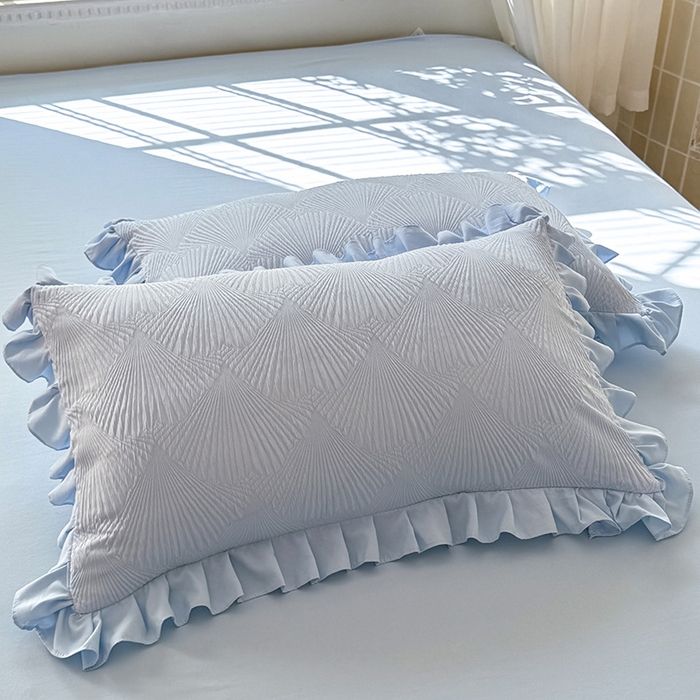 91家纺网 家纺一手货源 找家纺 唐人居 2025新款泡泡纱提花花边床裙四件套-银杏叶 银杏叶-天蓝