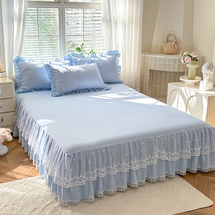 91家纺网 家纺一手货源 找家纺 唐人居 2025新款泡泡纱提花花边床裙四件套-银杏叶 银杏叶-天蓝