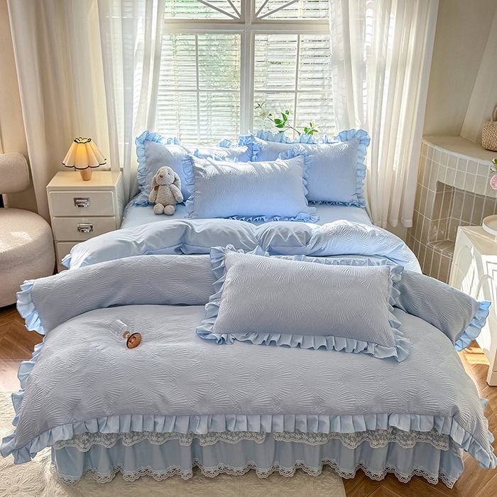 91家纺网 家纺一手货源 找家纺 唐人居 2025新款泡泡纱提花花边床裙四件套-银杏叶 银杏叶-天蓝